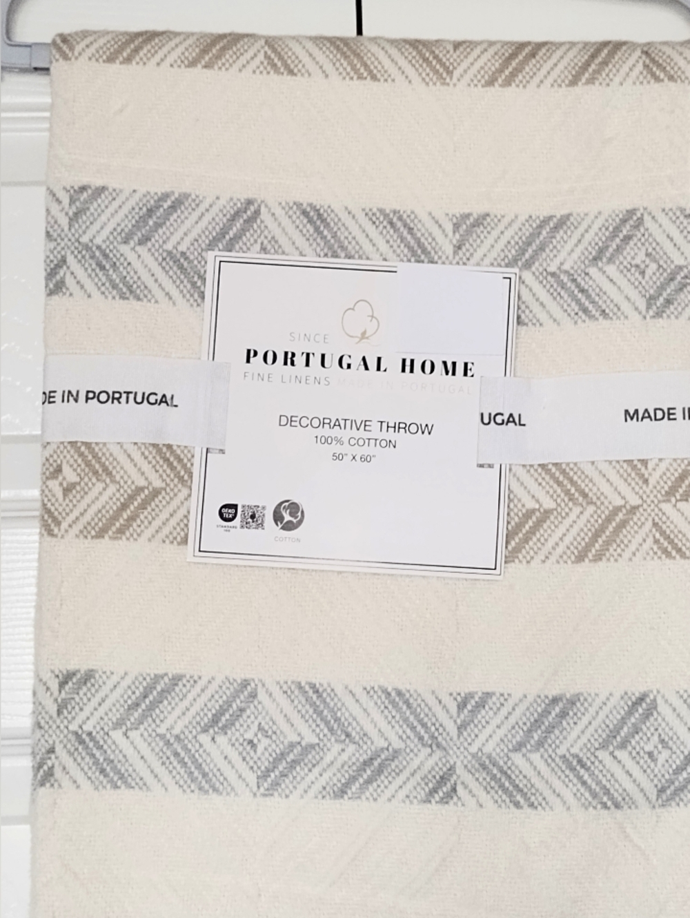 Decorative Throw Blanket Soft Cotton Made in Portugal Beige Brown Gray